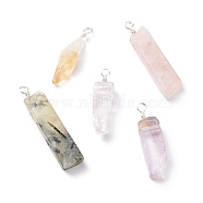 Natural Mixed Quartz Pendants, Twisted with Silver Tone Copper Wire, Rectangle, 35.5~53x9~11x6~8.5mm, Hole: 3~4mm(PALLOY-JF01488)