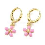 Flower Real 18K Gold Plated Brass Dangle Leverback Earrings, with Enamel, Pink, 24x9mm(EJEW-L268-009G-02)