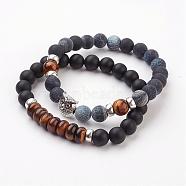 Gemstone Stretch Bracelets, with Natural Tiger Eye, Alloy Owl Beads, Burlap Packing, 2 inch(52mm)(BJEW-JB03016-01)