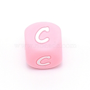 Silicone Alphabet Beads for Bracelet or Necklace Making, Letter Style, Pink Cube, Letter.C, 12x12x12mm, Hole: 3mm(SIL-TAC001-01B-C)