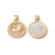 Rack Plating Brass Shell Pendants, with Cubic Zirconia & Natural Shell, Flat Round with Constellation Charms, Cadmium Free & Lead Free, Long-Lasting Plated, Real 18K Gold Plated, Scorpio, 19x16x3mm, Hole: 4x3.5mm(KK-D087-25G-08)