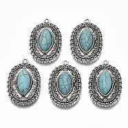 Tibetan Style Alloy Pendants, with Synthetic Turquoise, Cadmium Free & Lead Free, Oval, Antique Silver, 35x22x8.5mm, Hole: 1.6mm(PALLOY-R113-009-RS)