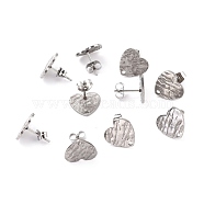 304 Stainless Steel Stud Earring Findings, with Ear Nuts, Textured Heart, Stainless Steel Color, 12x13mm, Hole: 1.5mm, Pin: 0.7mm(STAS-I183-05B-P)