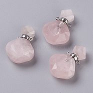 Rhombus Natural Rose Quartz Perfume Bottle Pendants, with 304 Stainless Steel Findings, Faceted, Stainless Steel Color, 26~27x17~17.5x8~8.5mm, Hole: 1.4mm, Capacity: about 2ml(0.06 fl. oz)(G-H241-01B-P)
