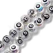 Transparent Evil Eye Glass Beads Strands, with Enamel, Faceted, Flat Round, Black, 10x8~8.5mm, Hole: 1.4mm, about 40pcs/strand, 14.57''(37cm)(LAMP-K037-06F)