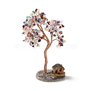 Natural Gemstone Tree Display Decoration, Resin Mini House on Agate Slice Base Feng Shui Ornament for Wealth, Luck, Rose Gold Brass Wires Wrapped, 77~83x95~137x185~195mm(DJEW-G027-04RG-02)