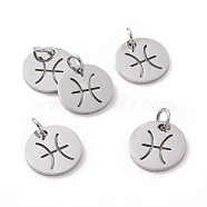 304 Stainless Steel Charms, Flat Round with Constellation/Zodiac Sign, Pisces, 12x1mm, Hole: 3mm(STAS-Q201-T445-12S)