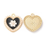 Alloy Enamel Pendants, with ABS Plastic Imitation Pearl Bead, Cadmium Free & Nickel Free & Lead Free, Golden, Heart with Flower Charm, Black, 23x21.5x3mm, Hole: 2mm(ENAM-C005-33G-01)