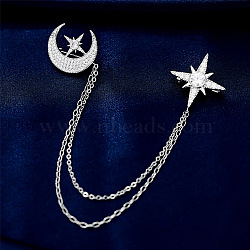 Cubic Zirconia Moon & Star Lapel Pin with Hanging Safety Chains, Brass Badge for Suit Shirt Collar, Platinum, Pendant: 22~23mm, Chain: 120mm, 145mm(MOST-PW0001-047B)