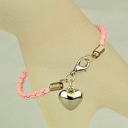 PU Leather Braided Charm Bracelets, with CCB Plastic Pendants and Alloy Lobster Claw Clasps, Pink, 180mm(BJEW-JB00785-12)