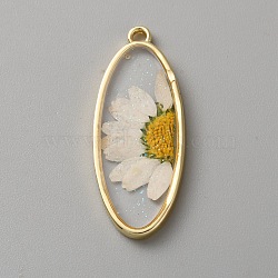 Alloy Epoxy Resin Inner Flower Pendants with Glitter Powder, Golden, Oval, 37.5x15x3mm, Hole: 2mm(FIND-TAC0039-015G-A)