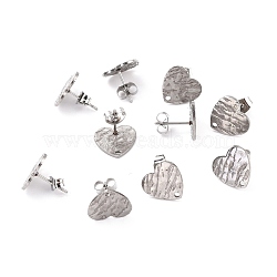 Non-Tarnish 304 Stainless Steel Stud Earring Findings, with Ear Nuts, Textured Heart, Stainless Steel Color, 12x13mm, Hole: 1.5mm, Pin: 0.7mm(STAS-I183-05B-P)