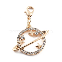 Alloy Rhinestone Pendant Decoration, Lobster Clasp Charms Ornaments, Planet, 40.5mm(HJEW-P021-01F-G)