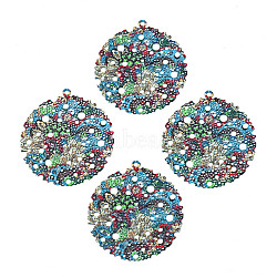 430 Stainless Steel Pendants, Spray Painted, Etched Metal Embellishments, Flat Round with Plant Pattern, Dark Turquoise, 45x40.5x0.3mm, Hole: 1.6~1.8mm(STAS-T061-25-D03)