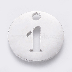 Non-Tarnish 304 Stainless Steel Pendants, Cut-Out, Hollow, Flat Round with Number, Stainless Steel Color, Num.1, 19x1.5mm, Hole: 2.5mm(X-STAS-F233-01-P)