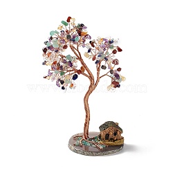 Natural Gemstone Tree Display Decoration, Resin Mini House on Agate Slice Base Feng Shui Ornament for Wealth, Luck, Rose Gold Brass Wires Wrapped, 77~83x95~137x185~195mm(DJEW-G027-04RG-02)