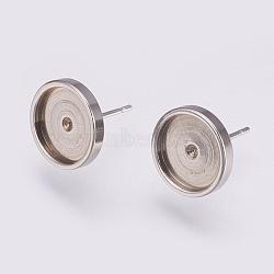 201 Stainless Steel Stud Earring Settings, with 304 Stainless Steel Pins, Flat Round, Stainless Steel Color, Tray: 10mm, 12x2mm, Pin: 0.8mm(STAS-I088-F-01P)