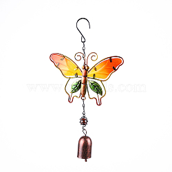 Bell Wind Chimes, Glass & Iron Art Pendant Decorations, Butterfly, Orange, 290x160mm(WICH-PW0001-61A-01)