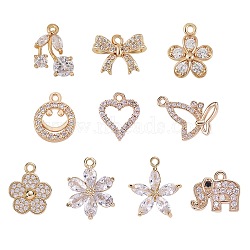10Pcs 10 Style Rack Plating Brass Cubic Zirconia Charms, Long-Lasting Plated, Flower, Light Gold, 10~21x8.5~19.5x2~5mm, hole: 1.2~1.8mm, 1pc/style(ZIRC-SZ0002-25)