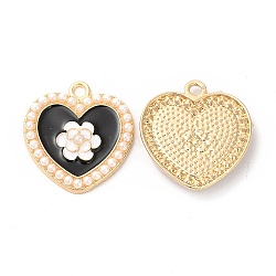 Alloy Enamel Pendants, with ABS Plastic Imitation Pearl Bead, Cadmium Free & Nickel Free & Lead Free, Golden, Heart with Flower Charm, Black, 23x21.5x3mm, Hole: 2mm(ENAM-C005-33G-01)