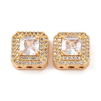 Brass Micro Pave Clear Cubic Zirconia Beads, Square, Real 18K Gold Plated, 11.5x11.5x7mm, Hole: 1.8mm