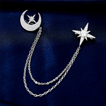 Cubic Zirconia Moon & Star Lapel Pin with Hanging Safety Chains, Brass Badge for Suit Shirt Collar, Platinum, Pendant: 22~23mm, Chain: 120mm, 145mm