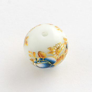 Flower Picture Glass Round Beads, with Gold Metal Enlaced, Steel Blue, 14x13mm, Hole: 1.5mm