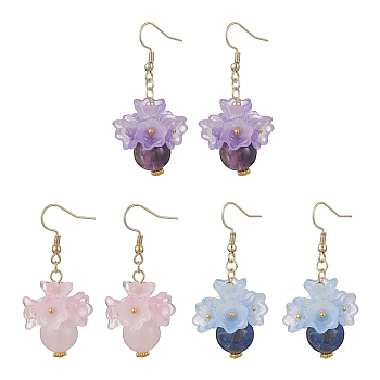 Natural Lapis Lazuli & Natural Rose Quartz & Natural Amethyst 304 Stainless Steel Dangle Earrings, with Glass Flower, Golden, 50x20mm, 3pairs/set