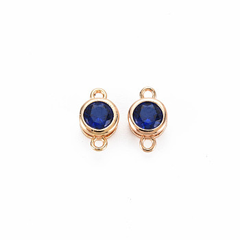 Brass Connector Charms, with Rhinestone, Nickel Free, Real 18K Gold Plated, Flat Round, Capri Blue, 9x5x3mm, Hole: 1mm