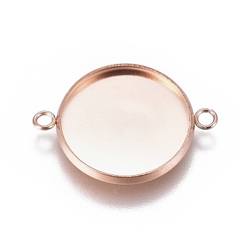 Ion Plating(IP) 304 Stainless Steel Cabochon Connector Settings, Plain Edge Bezel Cups, Flat Round, Rose Gold, Tray: 16mm, 23.5x17.8x2mm, Hole: 1.8mm