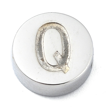 Tarnish Resistant 304 Stainless Steel Beads, Flat Round with Letter, Stainless Steel Color, Letter Q, 8x3mm, Hole: 1.6mm