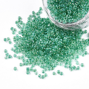 12/0 Glass Seed Beads, Inside Colours, Round Hole, Round, Transparent Colours Rainbow, Medium Sea Green, 12/0, 2~2.5x1.5~2mm, Hole: 0.8mm, about 3333pcs/50g