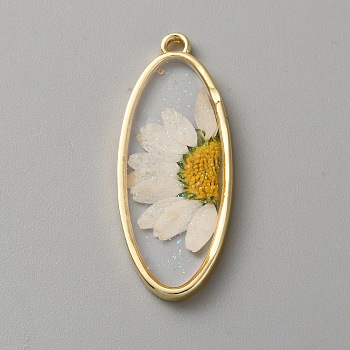 Alloy Epoxy Resin Inner Flower Pendants with Glitter Powder, Golden, Oval, 37.5x15x3mm, Hole: 2mm