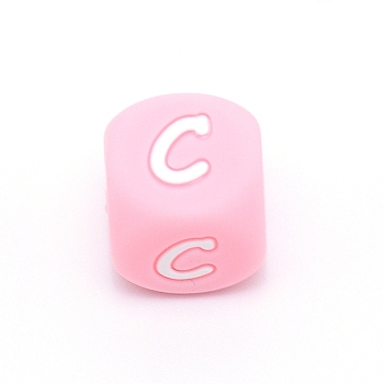 Silicone Alphabet Beads for Bracelet or Necklace Making, Letter Style, Pink Cube, Letter.C, 12x12x12mm, Hole: 3mm