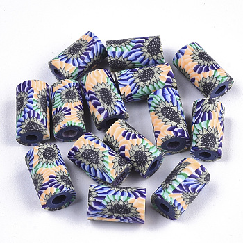 Handmade Polymer Clay Beads, Column with Flower Pattern, Light Salmon, 12x7mm