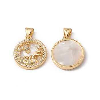 Rack Plating Brass Shell Pendants, with Cubic Zirconia & Natural Shell, Flat Round with Constellation Charms, Cadmium Free & Lead Free, Long-Lasting Plated, Real 18K Gold Plated, Scorpio, 19x16x3mm, Hole: 4x3.5mm