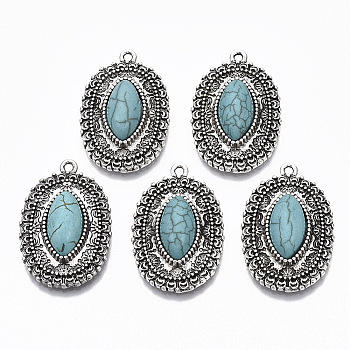 Tibetan Style Alloy Pendants, with Synthetic Turquoise, Cadmium Free & Lead Free, Oval, Antique Silver, 35x22x8.5mm, Hole: 1.6mm