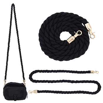 Thin Braided Cotton Bag Strap, with Iron Lobster Claw Clasp, for Bag Replacement Accessories, Black, 124x1.2cm
