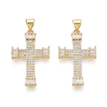 Religion Brass Micro Pave Clear Cubic Zirconia Pendants, Cross Charms, Real 16K Gold Plated, 27.5x16.5x3mm, Hole: 5x3.5mm