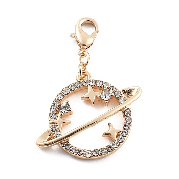 Alloy Rhinestone Pendant Decoration, Lobster Clasp Charms Ornaments, Planet, 40.5mm