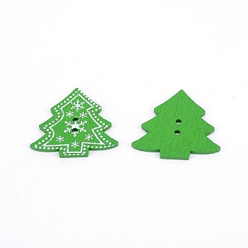 2-Hole Printed Wooden Buttons, for Sewing Crafting, for Christmas, Dyed, Christmas Tree with Snowflake Pattern, Green, 29.5x29.5x1.5mm, Hole: 2mm