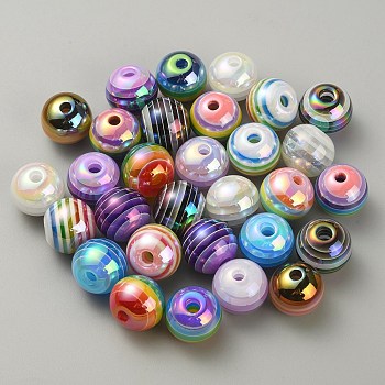 Electroplated Opaque Stripe Resin European Beads, Large Hole Bead, AB Color, Round, Mixed Color, 16x14.5mm, Hole: 4mm