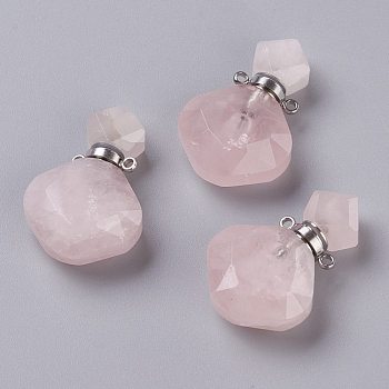 Rhombus Natural Rose Quartz Perfume Bottle Pendants, with 304 Stainless Steel Findings, Faceted, Stainless Steel Color, 26~27x17~17.5x8~8.5mm, Hole: 1.4mm, Capacity: about 2ml(0.06 fl. oz)