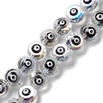 Transparent Evil Eye Glass Beads Strands, with Enamel, Faceted, Flat Round, Black, 10x8~8.5mm, Hole: 1.4mm, about 40pcs/strand, 14.57''(37cm)