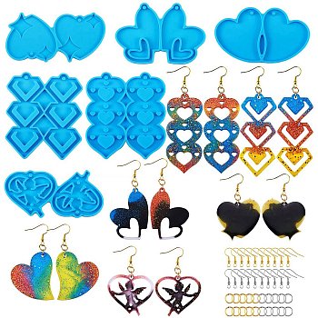 6Pcs DIY Pendant Silicone Molds, Resin Casting Molds, For UV Resin, Epoxy Resin Jewelry Making, with 40Pcs Iron Open Jump Rings and 40Pcs Earring Hooks, Heart & Diamond, Deep Sky Blue, Molds: 70~85x40~65x4mm, Hole: 2~2.5mm