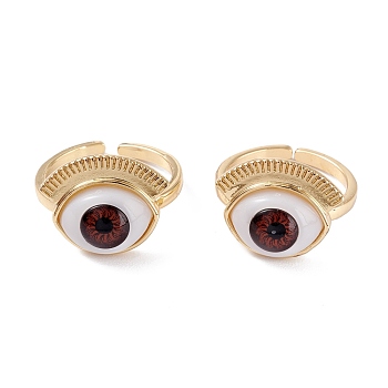 Brass Cuff Rings, Open Rings, with Resin Beads, Long-Lasting Plated, Real 18K Gold Plated, Evil Eye, Dark Red, 2mm, Inner Diameter: 18mm
