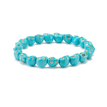 Synthetic Turquoise(Dyed) Skull Stretch Bracelet, Gemstone Halloween Jewelry for Women, Cyan, Beads: 10x8x9.5mm, Inner Diameter: 2-1/4 inch(5.8cm)