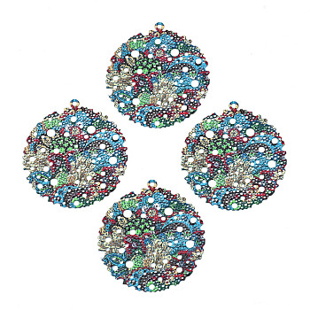 430 Stainless Steel Pendants, Spray Painted, Etched Metal Embellishments, Flat Round with Plant Pattern, Dark Turquoise, 45x40.5x0.3mm, Hole: 1.6~1.8mm