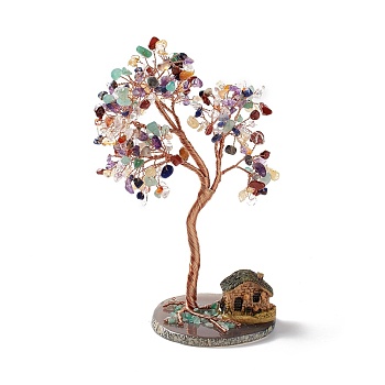 Natural Gemstone Tree Display Decoration, Resin Mini House on Agate Slice Base Feng Shui Ornament for Wealth, Luck, Rose Gold Brass Wires Wrapped, 77~83x95~137x185~195mm