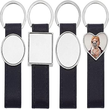 WADORN 4Pcs 4 Style Sublimation Keychain Blanks, PU Leather Keychain with Zinc Alloy Key Rings, Double-Side Printed Heat Transfer Keychain, Mixed Shape, Platinum, 10.1x3.2cm, 1pc/style